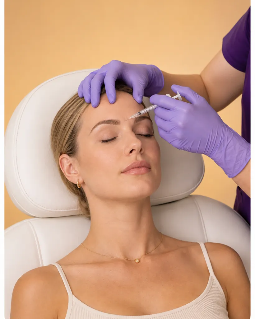 A gloved provider administering an injection above the brow of a reclined patient