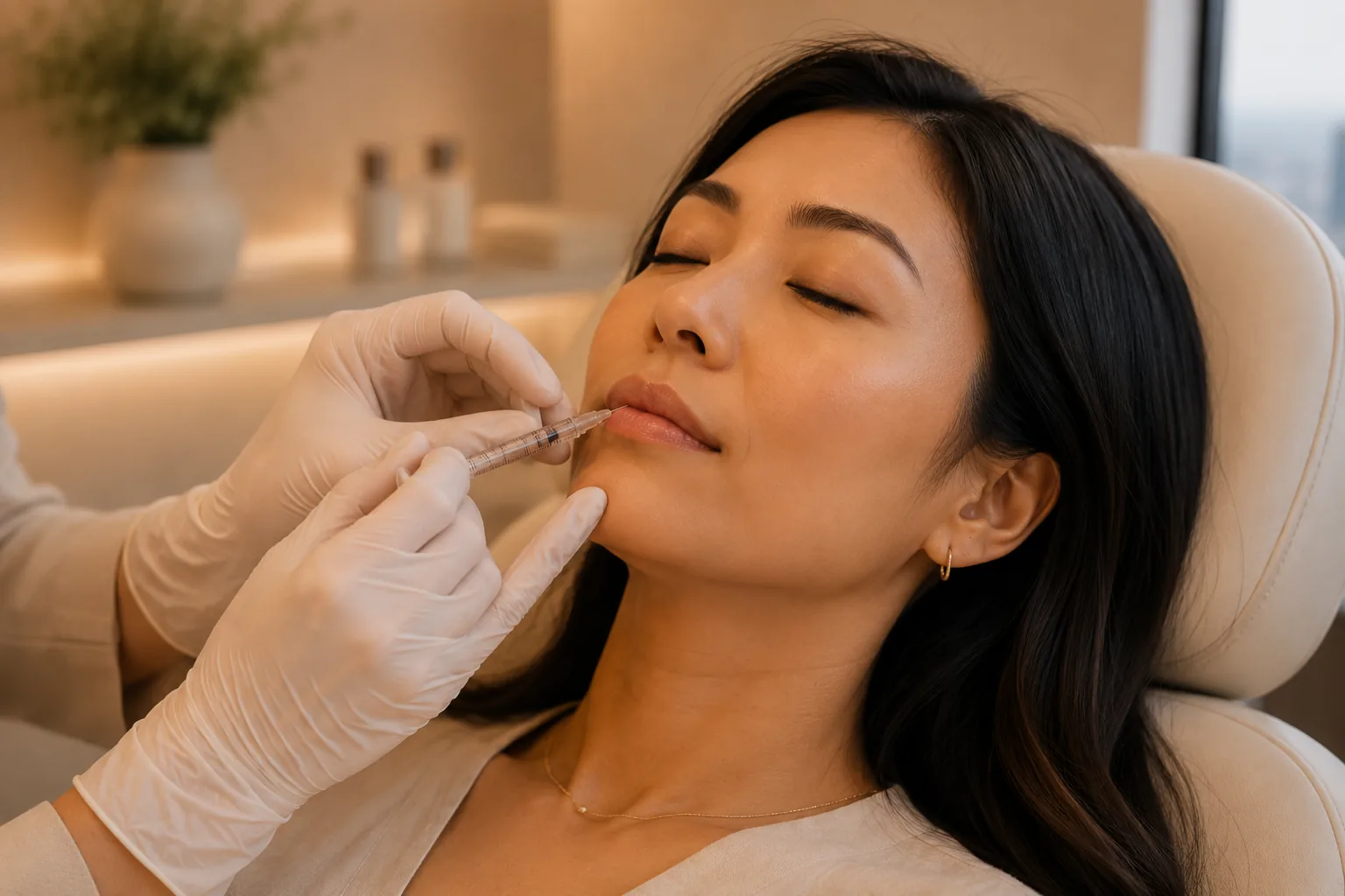 A patient reclined during an injectable treatment in a clinic room