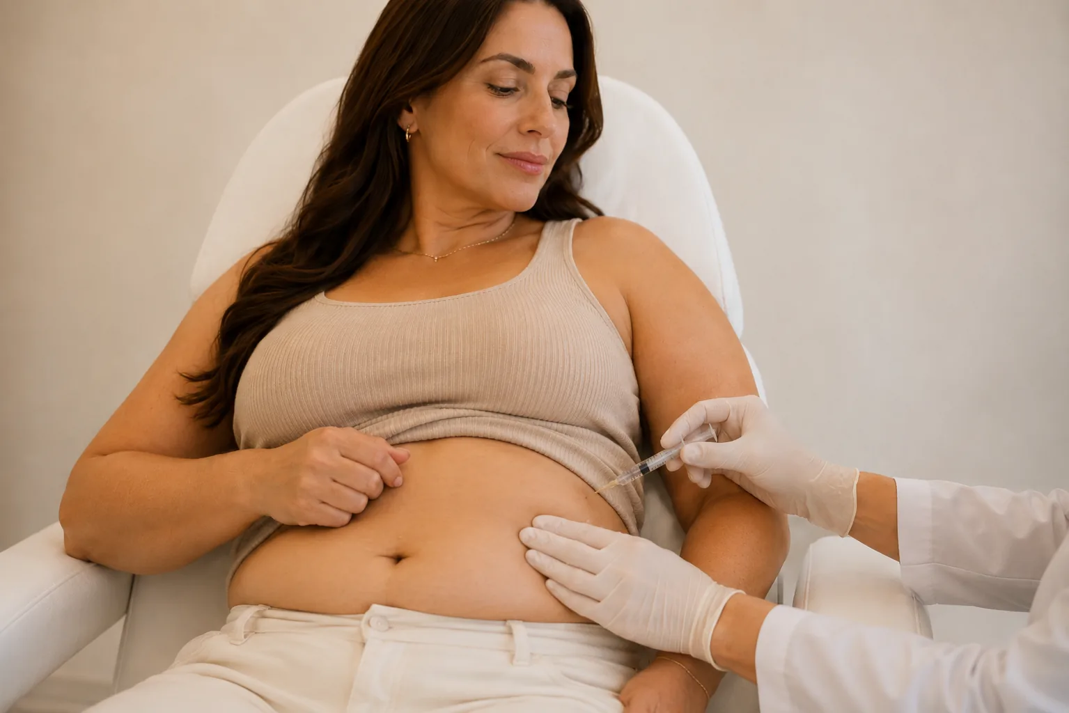 A body contouring treatment being applied to the abdomen